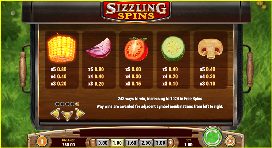 Sizzling Spins Paytable 2
