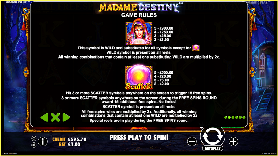 Madame Destiny Paytable